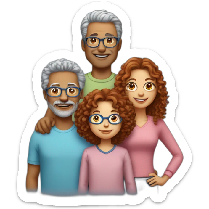 family of four the father with gray hair the mother with red curly hair and blue glasses the son with brown hair and the little daughter with curly brown hair sticker