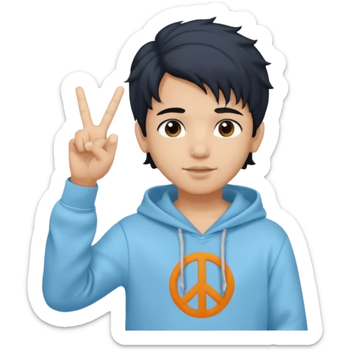 An indian boy in a light blue hoodie with wavy flow hairstyle showing peace sign, with black hair color sticker