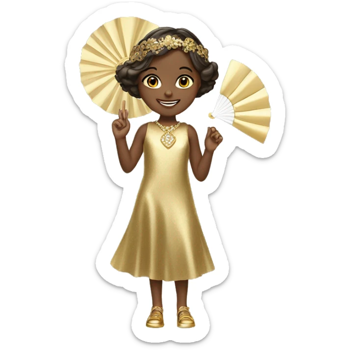 Smiling little girl in a gold Gatsby style dress with a gold piece around her head and a white hand fan sticker