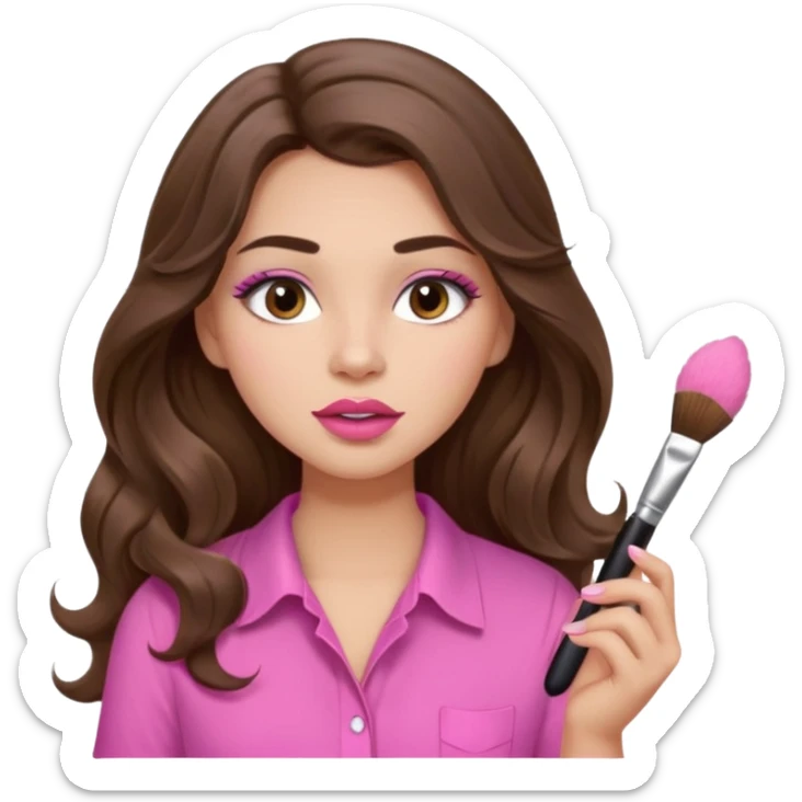girl with long wavy brown hair, brown eyes, light to medium complexion, in a pink shirt, pink lips, long lashes, puckered lips, putting on makeup with a fluffy brush sticker