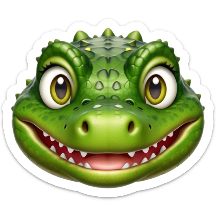Cinematic Realistic Cute Crocodile Portrait Emoji, Head tilted playfully and inquisitively, featuring a robust, well-defined build with intricately detailed, glossy olive-green scales and a surprisingly endearing face with round, sparkling eyes full of unexpected charm, rendered with lifelike texture and natural highlights, high shine, affectionate and spirited, styled with a touch of wild whimsy, soft glowing outline, capturing the essence of a mischievous yet lovable crocodile that seems poised to snap playfully out of the screen into your arms! sticker