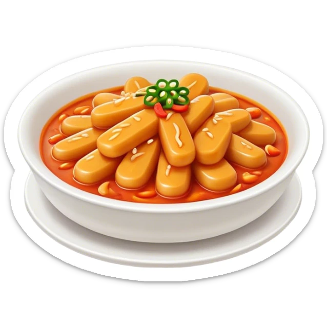 Cinematic Realistic Tteokbokki Dish Emoji, showcasing spicy, chewy rice cakes in a fiery sauce rendered with lifelike detail and bold, dynamic lighting. sticker