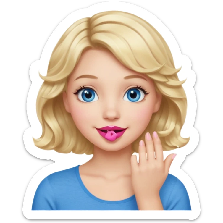 Girl Blonde short wavy hair,  blue eyes, cute blue top, long lashes, pink lips, smiling, hand over the mouth sticker