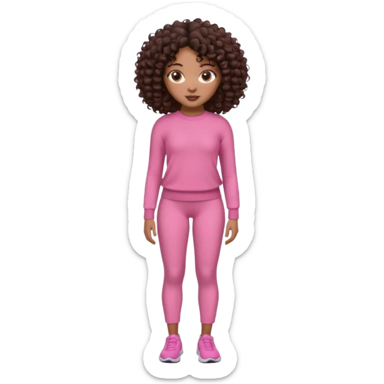 Uma menina negra da pele clara magra definida com roupa de malha rosa com cabelo cacheados  castanho escuro grandão até a bunda sem muito volume no cabelo sticker