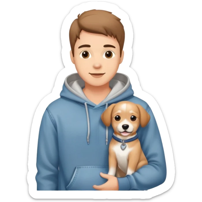 Cute dog lover boyfriend with soft smile, wearing hoodie and jeans, one dog   sticker