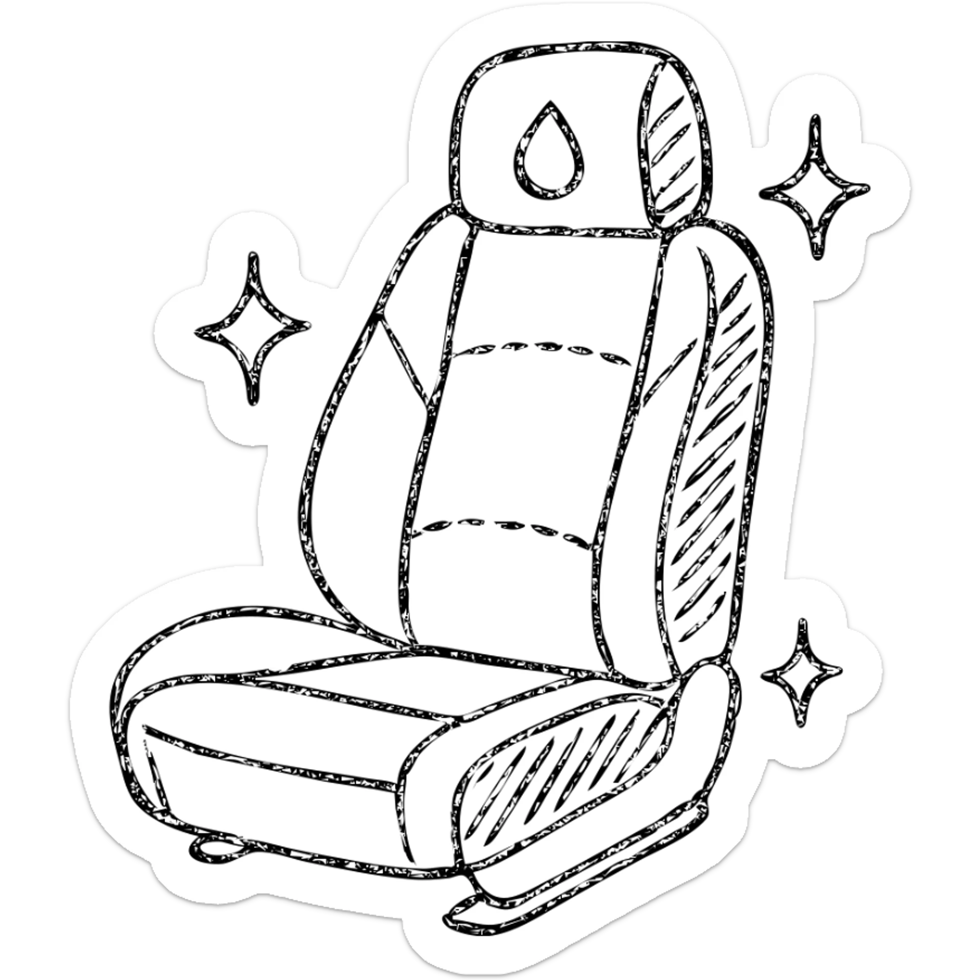 hand-drawn outlined icon of a luxury car seat in matte black with a small droplet or shield on the headrest, elegant stitching, minimalist lines, extra shine and sparkles, clean and modern sticker