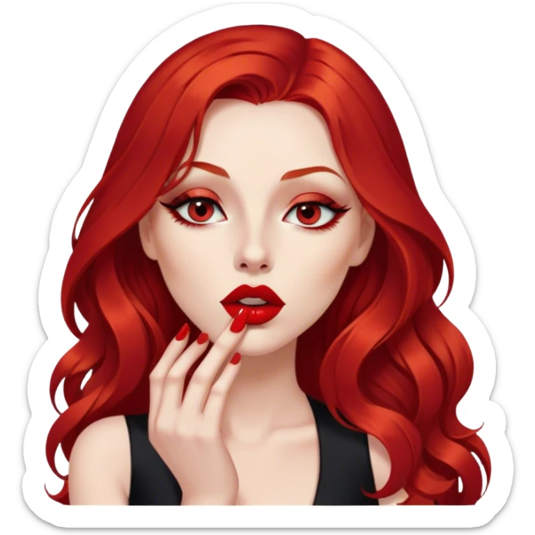 a pretty woman with long red hair and red eyes. The woman wear a black little cutted dress. She have red lipstick and she have a seductive look. She do a kiss sticker