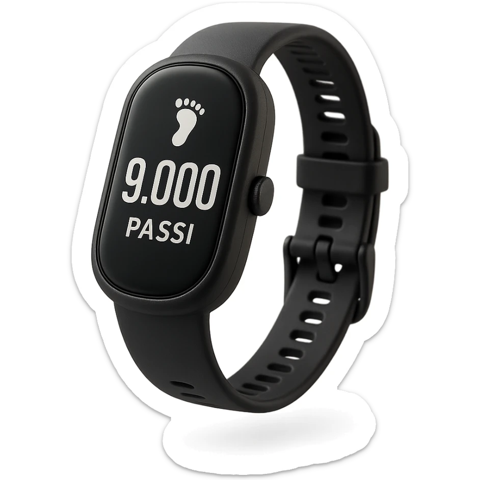 orologio contapassi che segna 9.000 passi sul display in italiano, fluttua in aria, iperrealistica 4k, isolato su sfondo bianco sticker