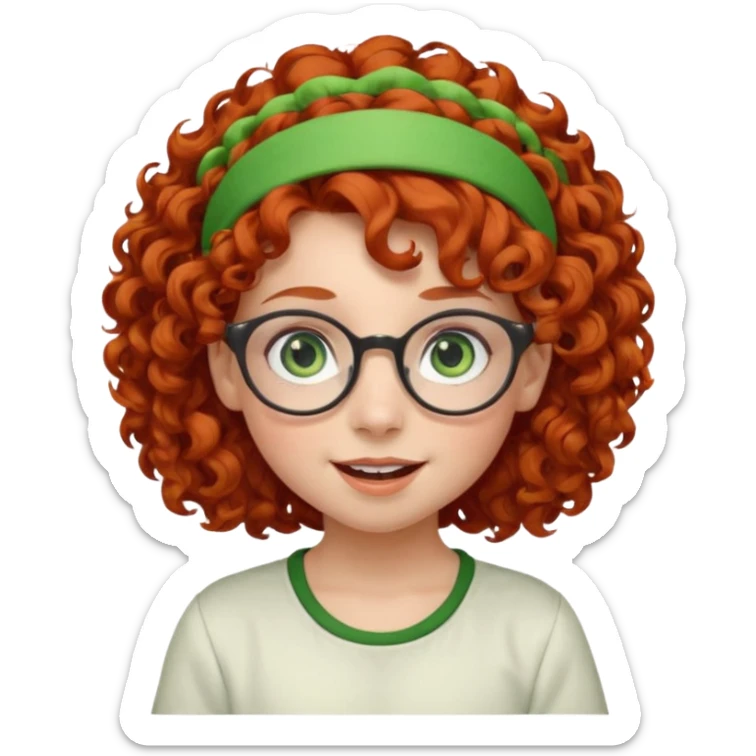 redhead kid with unique face features and very curly hair kid girl happy and big glassess and big nose and very green eyes and headband sticker
