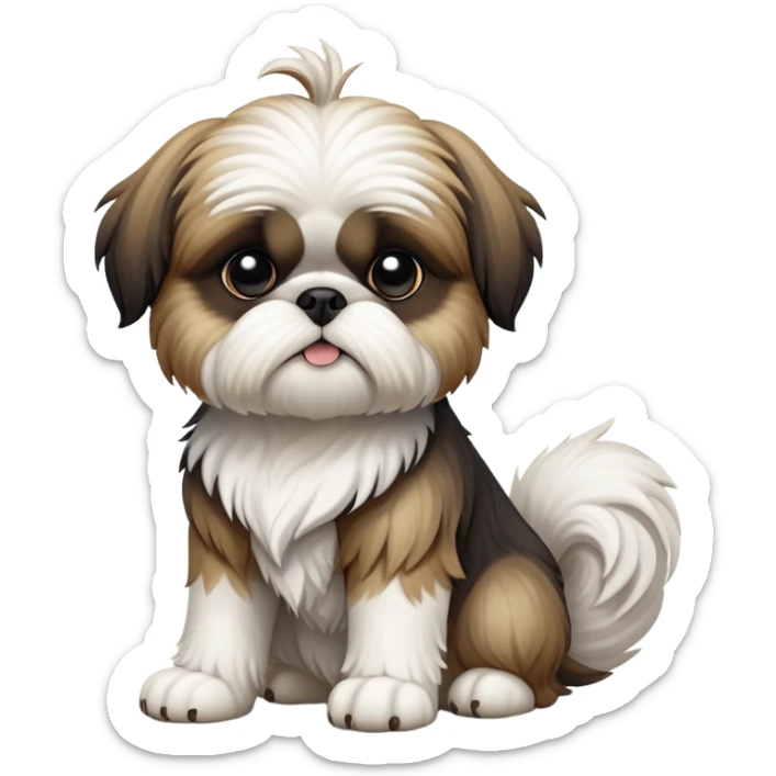 cinematic-[Shish tzu]-realistic-full-body-sitting-emoji,-tail-resting-loosely-beside-its-paws,-head-tilted-dramatically, -scruffy-[white]-fur,-simplified-yet-realistic-focused-features,-highly-detailed,-glowing-with-an-almost-sarcastic-glow sticker