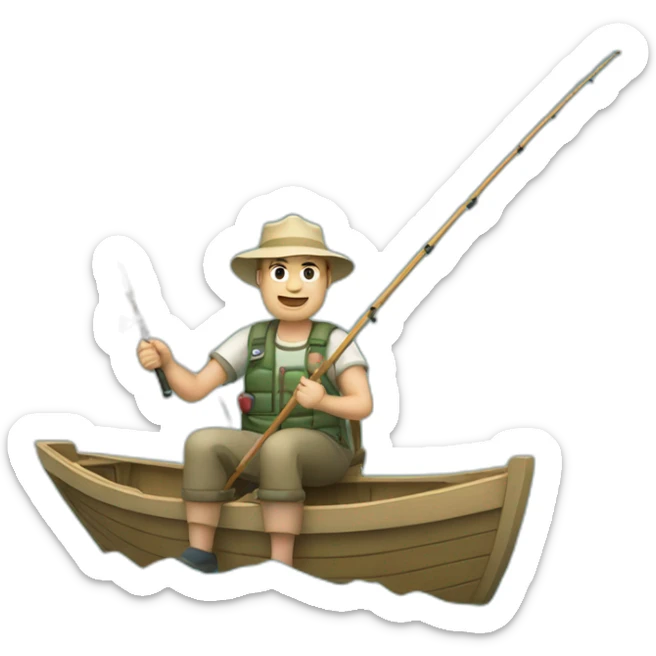 white fisherman fishing with a fishing rod in a small boat sticker