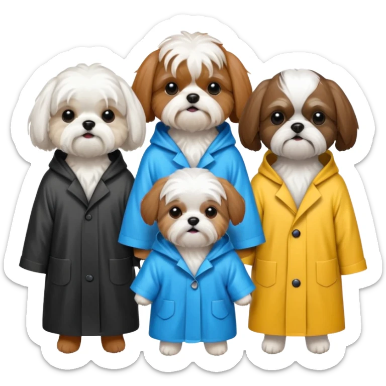 3 dogs wearing rain coats, one white maltese, 1 brown tri colour shihtzu and 1 black and white shitzu sticker