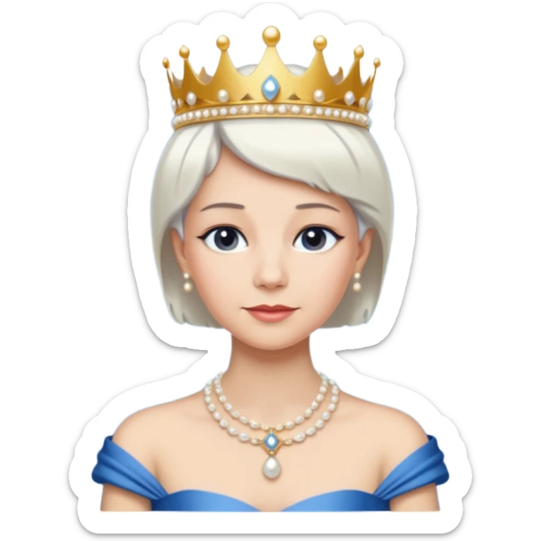 Queen with white short hair – gold tiara, pearl necklace, elegant gown, blue dress sticker