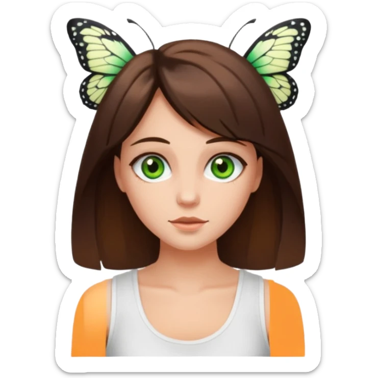 girls with long brown hair, green eyes, a white tank top, and a butterfly haircutbrunette girl with green eyes sticker