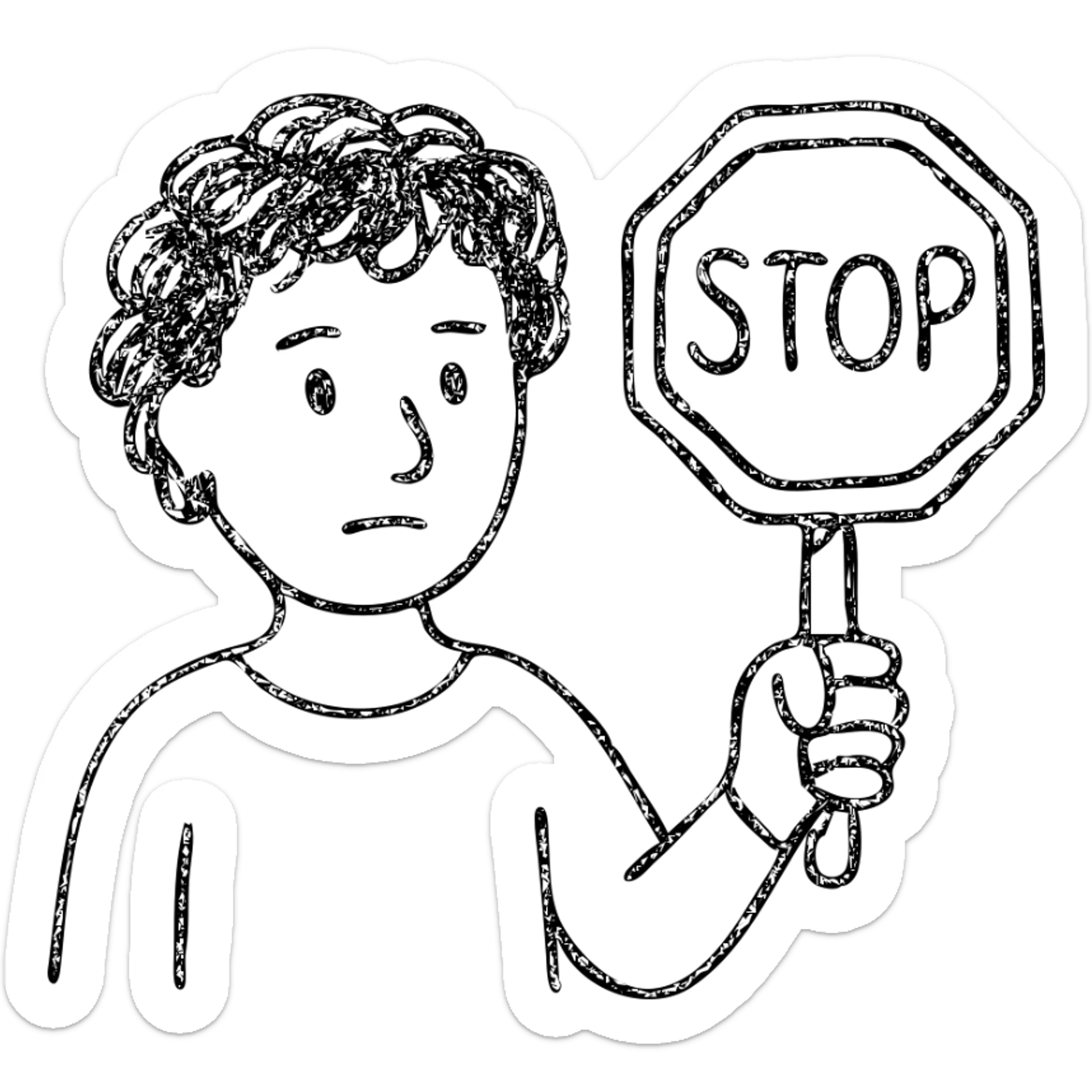 brunette person with curly hair holding a stop sign, hand drawn outlined icon sticker