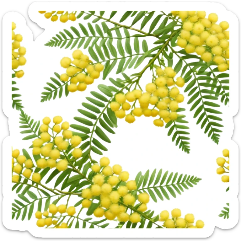 Cinematic Realistic Acacia Emoji, Bright and cheerful, with clusters of fluffy yellow flowers blooming along delicate branches. The wattle’s soft, fern-like leaves sway in the breeze, radiating a sense of warmth and joy. Soft glowing outline, capturing the essence of Australian sunshine, warmth, and beauty in a vibrant acacia tree! sticker