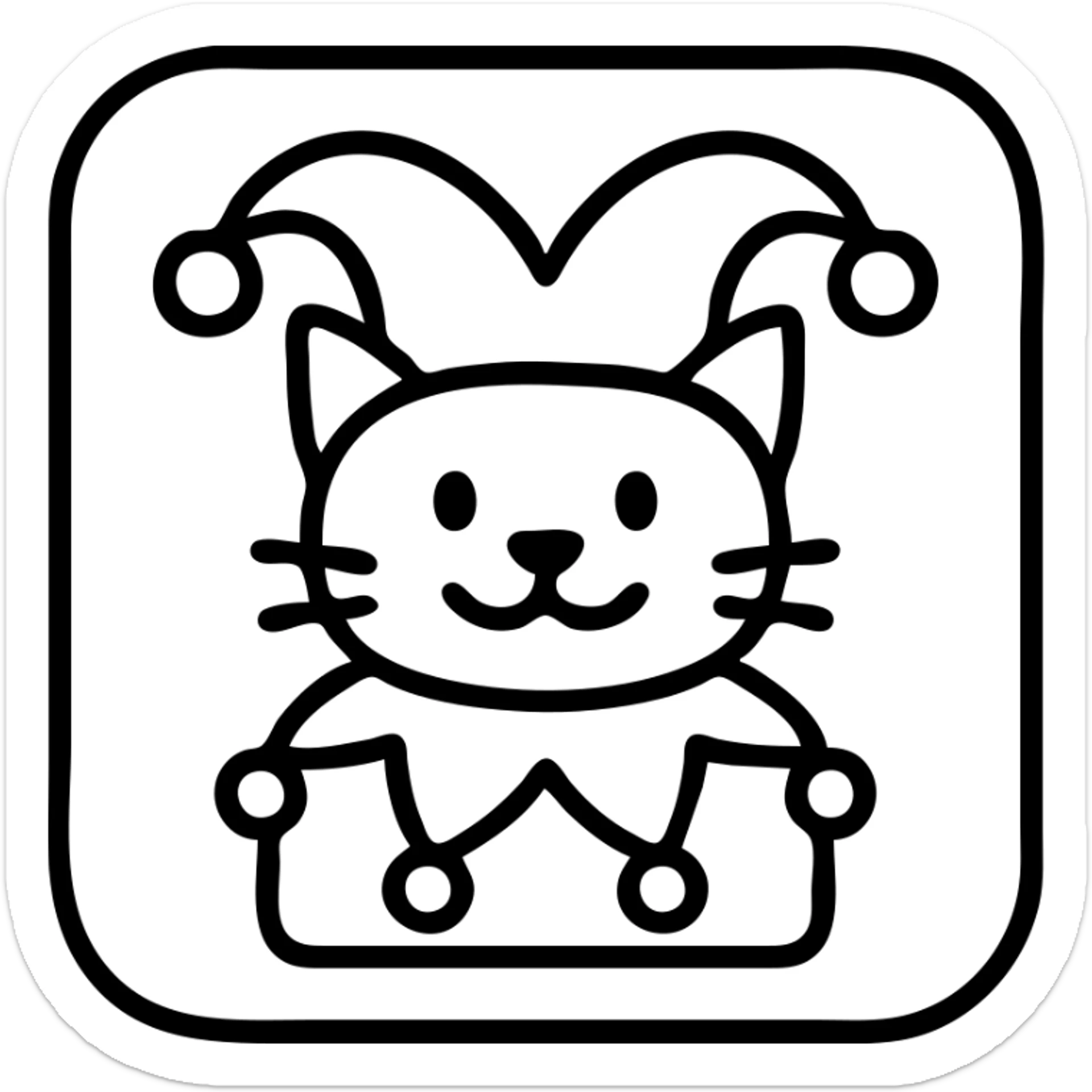 crazy cute little cat jolly joker from poker, medieval, vintage, court jester, mac os icon, purple, gold and red color, head + torso. Squared shape as 3D mac os system icon, symmetrical sticker