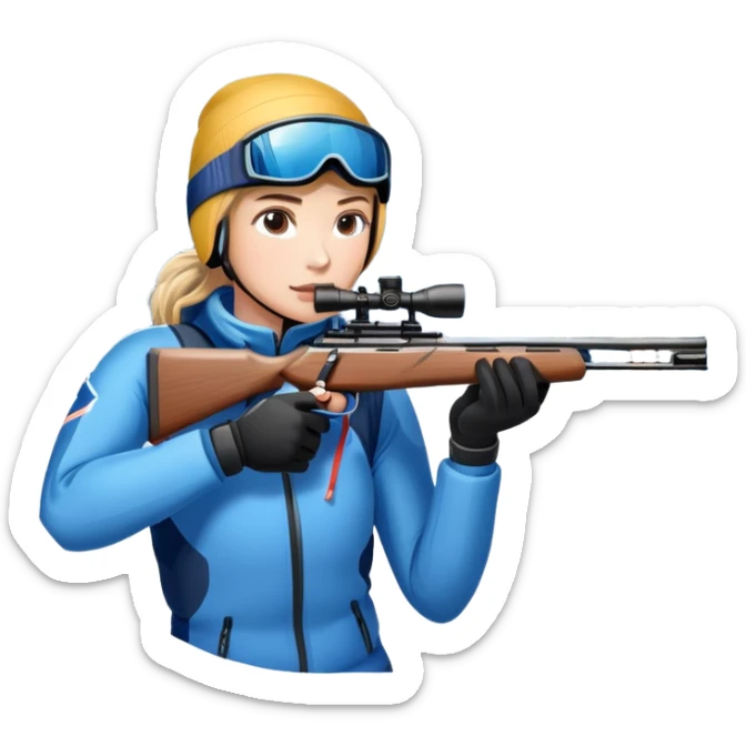 An icon showing a snowy landscape with pine trees, mountains, and a clear sky with a biathlete aiming a rifle in the foreground, wearing winter gear and skis. Transparent background emphasizes the precision, endurance, and beauty of this winter sport. sticker
