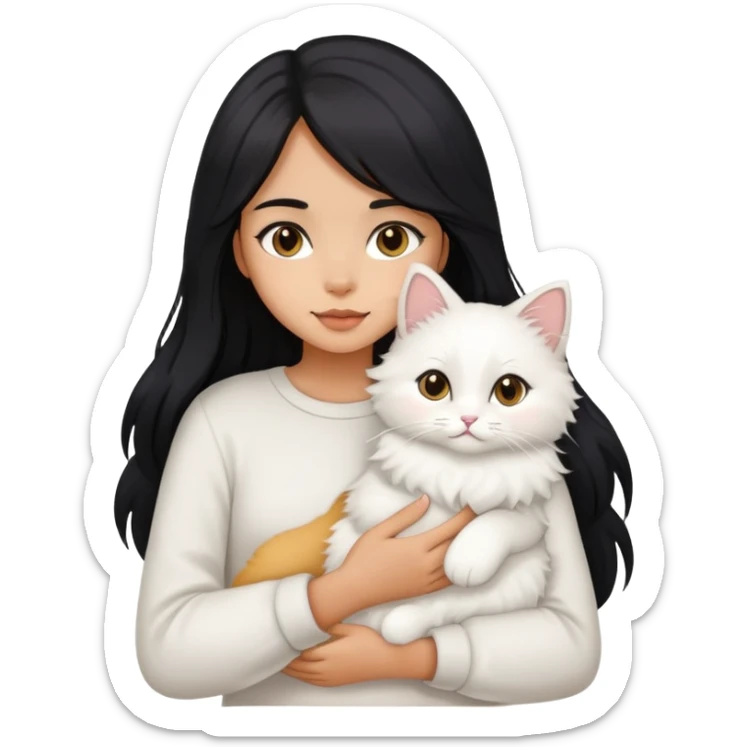 A girl with long black hair and a white fluffy cat is lying in her hands sticker