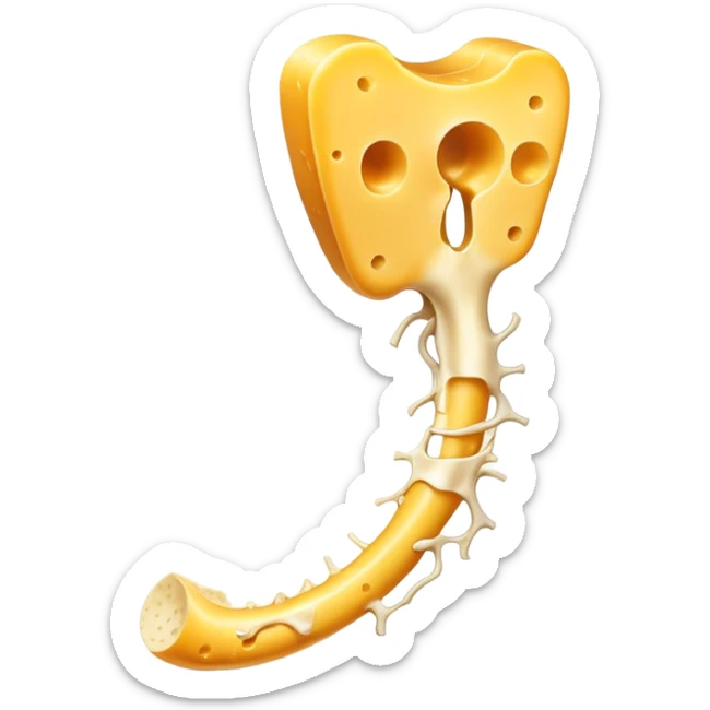 Shredded cheese emitting ethereal golden glow toward a femur bone that shows a healing process with bright golden spots. A luminous K2 vitamin symbol floats nearby, directing the healing energy from the cheese to the specific healing points on the bone. sticker