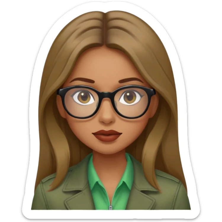 a girl with dark blonde hair, long hair, brown eyes, long lashes, a little bit tanned skin, big and reddish mouth, wearing a black thin glasses, a green shirt and a brown jacket  sticker