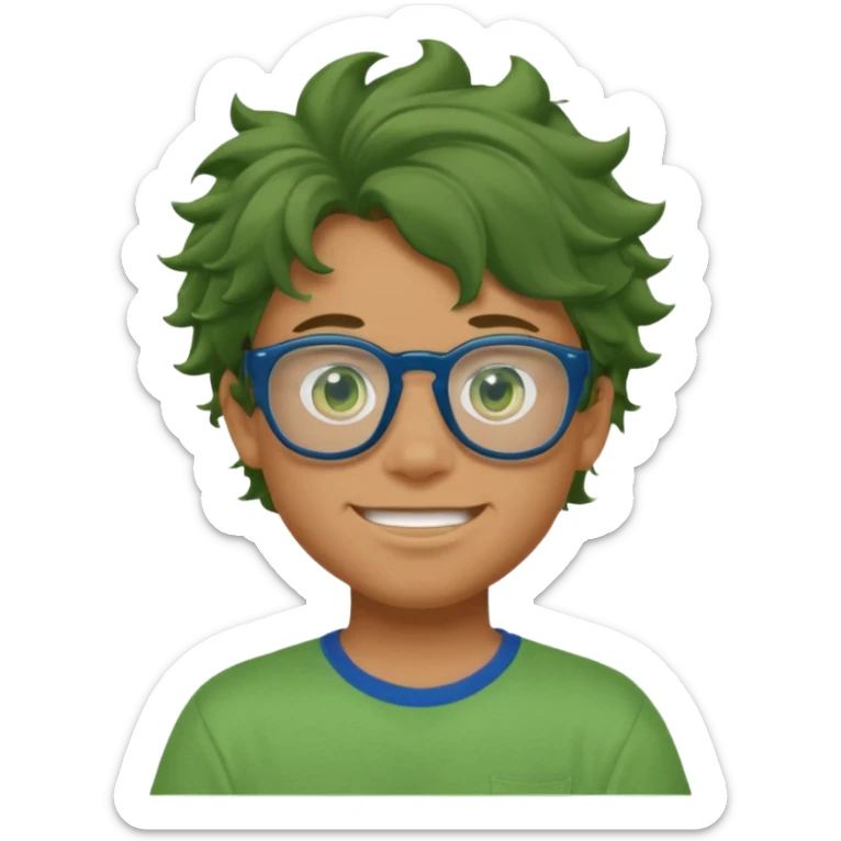 A teenage boy, tanned with glasses, wearing a green t-shirt , blue jeans and green sneakers with brown wavy tousled hair, smirking, wearing a green face mask sticker