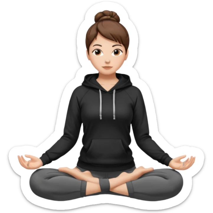 Girl w short brown hair up in a bun yoga pants and black hoodie  sticker
