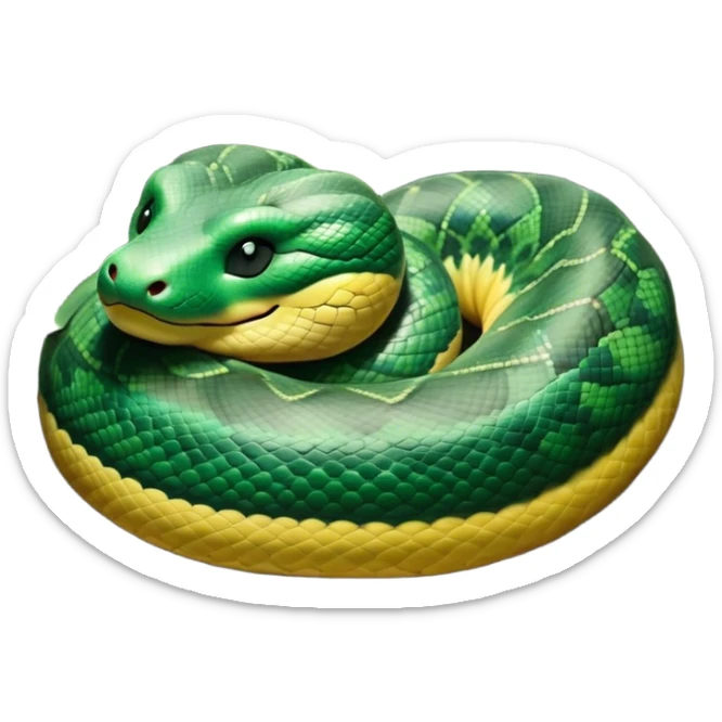 Meme-Worthy cute Sleeping Anaconda Portrait Emoji, Body coiled in a relaxed, peaceful slumber with a contented expression and softly closed eyes, showcasing intricately patterned scales and a serene demeanor, Simplified yet hilariously adorable features, highly detailed, glowing with a soft, drowsy jungle light, high shine, relaxed and utterly lovable, stylized with an air of playful laziness, bright and heartwarming, soft glowing outline, capturing the essence of a sleeping serpent that feels destined to become the next viral sensation of adorable rest! sticker