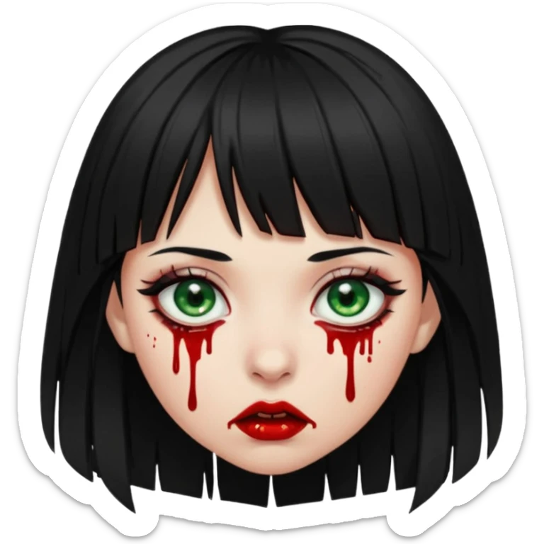 Guria com cabelo preto franjinha sangrando olhos verdes  fundo preto e um piercing bridgepiercing sticker