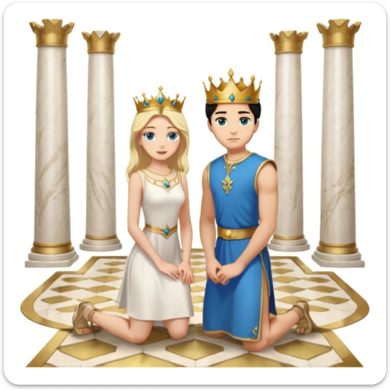 Man as king, standing, black Hair, blue eyes, woman, blonde, green eyes, shott white sleveless Dress, kneeling, background palace sticker