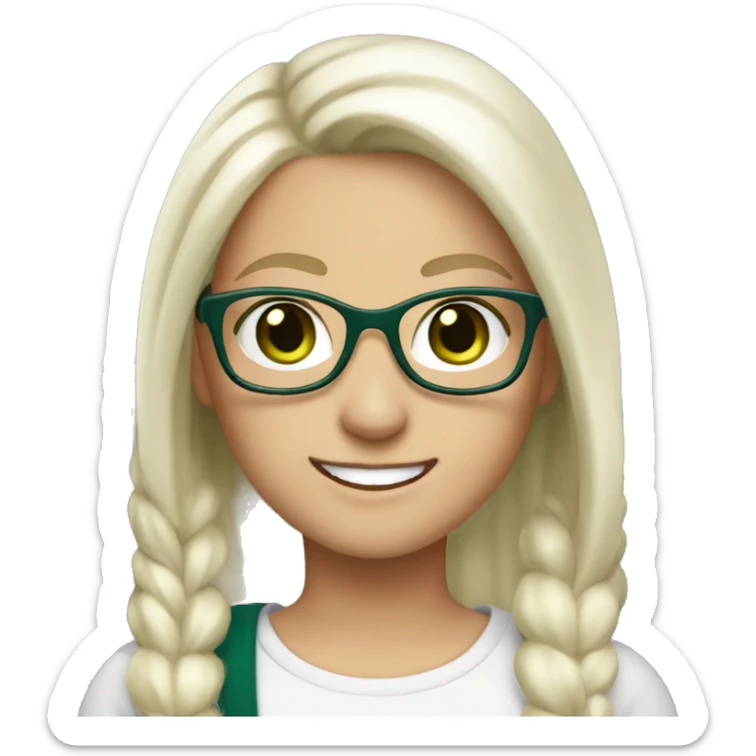 white female, long white hair with pony tail and glasses, dark green eyes, and smile sticker