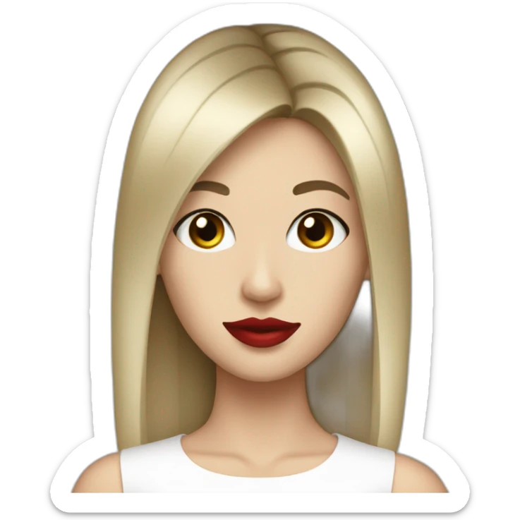 straight hair,red lipstick,black eyes, white skin and a small nose sticker