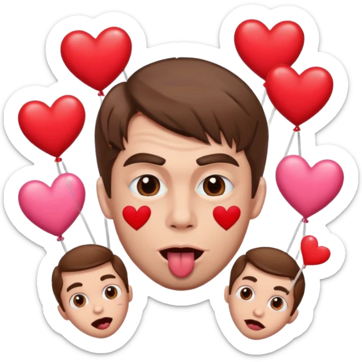 A cross eyed man with brown hair goon face their tongue out far with Valentine’s Day decor/hearts around eyes facing different directions sticker