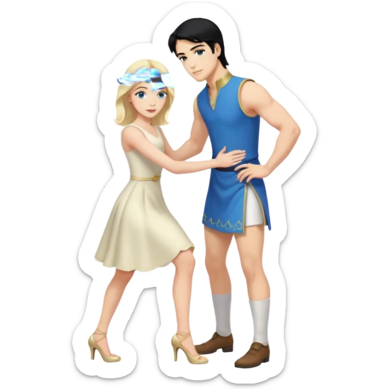 prince, upright, black Hair, blue eyes, Woman, blonde Hair, Green eyes, bending knee, sleveless White Dress, sticker
