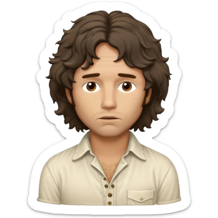 solarpunk realistic ultra HD - a thoughtful, messy, shaggy Jim Morrison in a ivory Victorian shirt sticker
