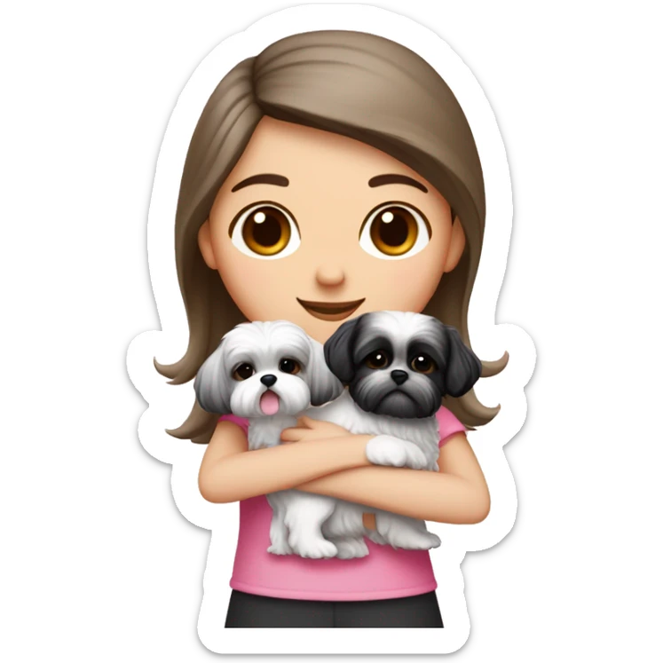 A girl with dark blond hair and white tone skin, wears pink top and hugs two black and white shih tzu one girl with pink bows and one boy sticker