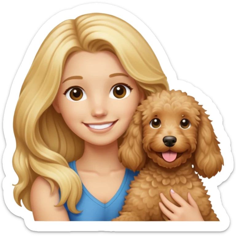 blonde girl with long hair smiling and holding a tan goldendoodle sticker