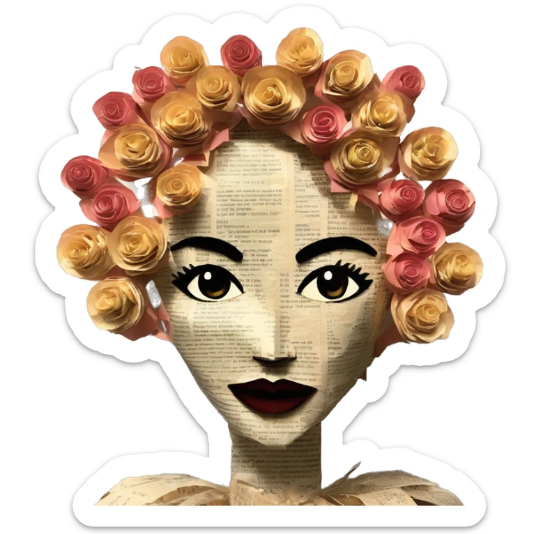  lady face made of 420 origami newspaper roses hemp leaves lantern fairy lights burning paper flowers and hemp leaves in hair  sticker