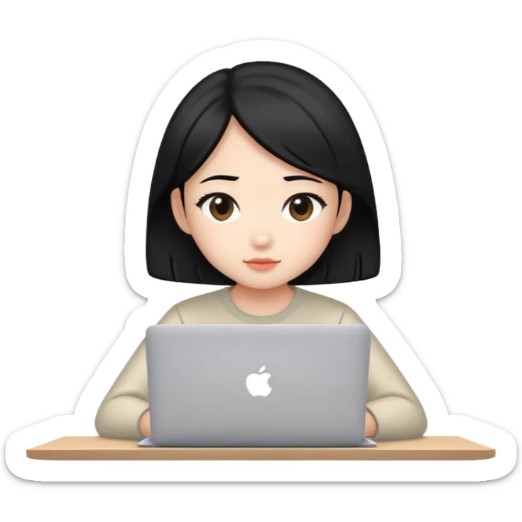 Asian girl with black hair sitting and watching a MacBook laptop sticker