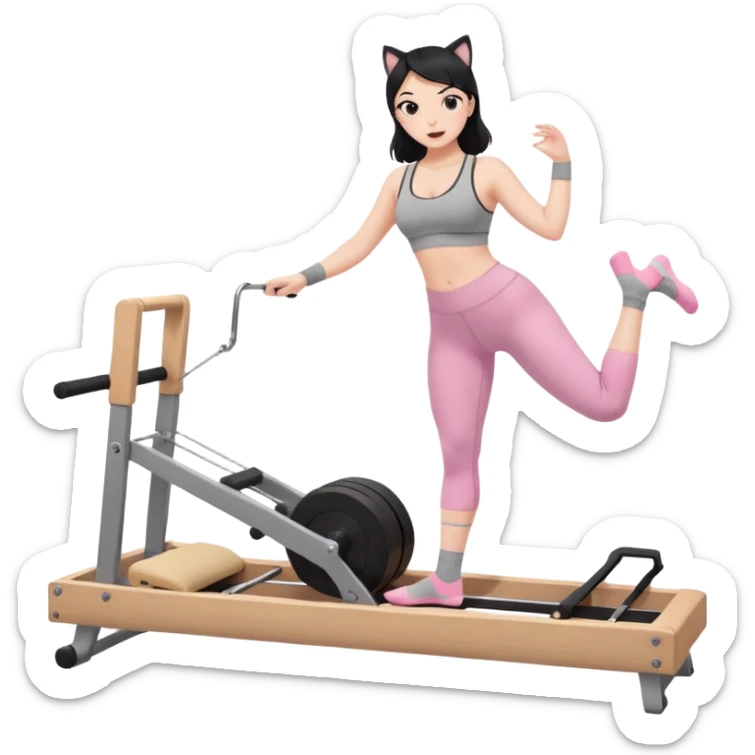 Create a Pilates emoji: a girl with fair skin and black hair, wearing a grey bra and grey leggings with pink pilates socks, doing cat-cow on a wooden reformer. Make it look at the reformer. Make the colors neutrals. sticker