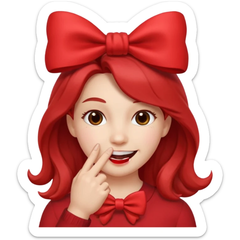 Emoji qui sourire avec le doigt dans la bouche et un noeud dans les cheveux sticker