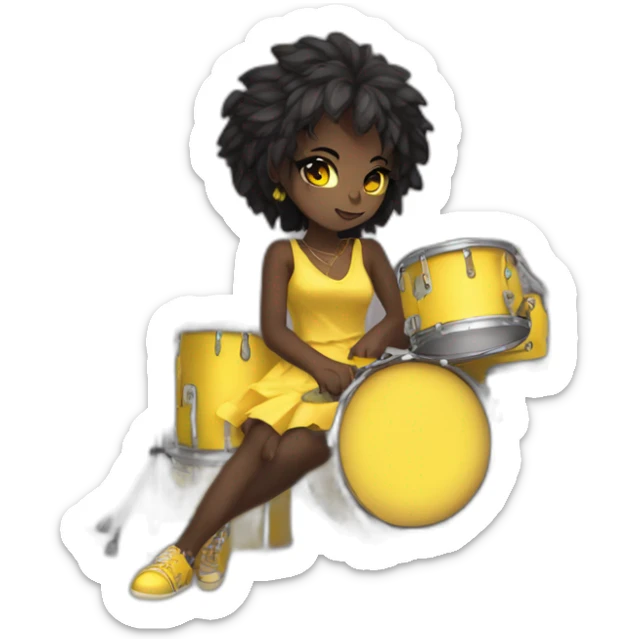 cute punk girl in yellow dress dark skin with yellow eyes and dark curvy hairs drummer anime style sticker