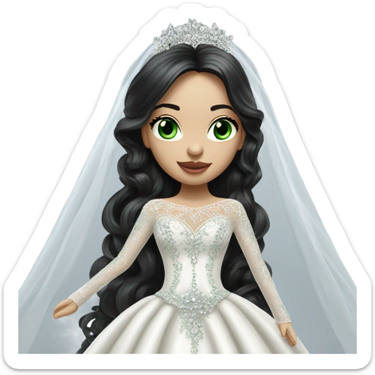 Hyper Realistic ornate ballgown long sleeve Wedding dress with diamanté on Russian bride with pale skin and green eyes and long black hair with veil and diamond jewelry hyper realistic  sticker