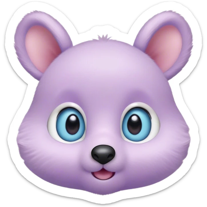 A creature with pastel purple fur and large pixar blue eyes and very small ears like a teddy bear. The nose is just a very small pink oval. The base around the eyes, eyebrows, nose and mouth is white, blushing. sticker
