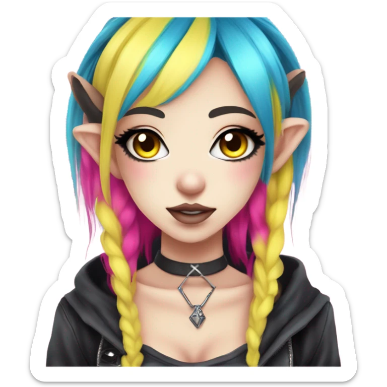 Blue eyed pale hime gyaru girl, hot pink and yellow split-dyed hair, nose ring, elf ears, dark makeup, punk clothes sticker