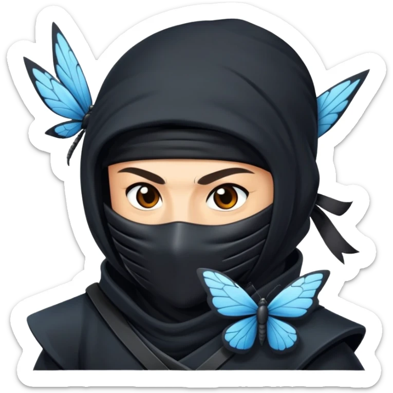 Crea una imagen con estos dos emoji 🥷🏻🦋
él ninja de piel blanca con la mariposa posada en el hombro como si estuviera volando. sticker