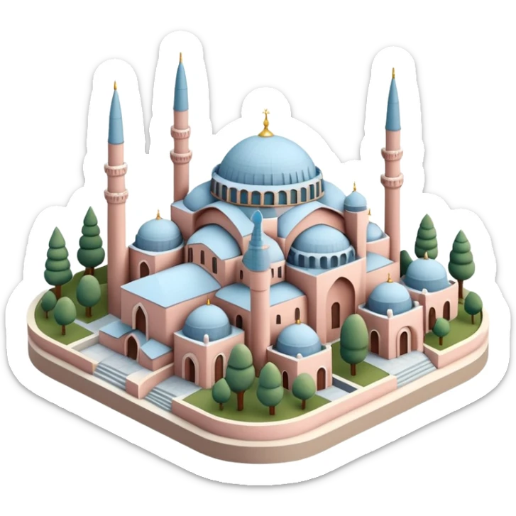 Isometric miniature of Istanbul, centered on Hagia Sophia with domes and minarets, surrounded by a few low-rise buildings and greenery, in pastel diorama style, soft shading. sticker