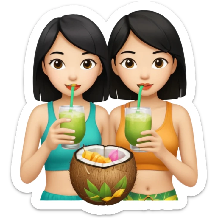Two girls drinking out of a coconut one is Asian with black hair the other is white with blonde hair  sticker