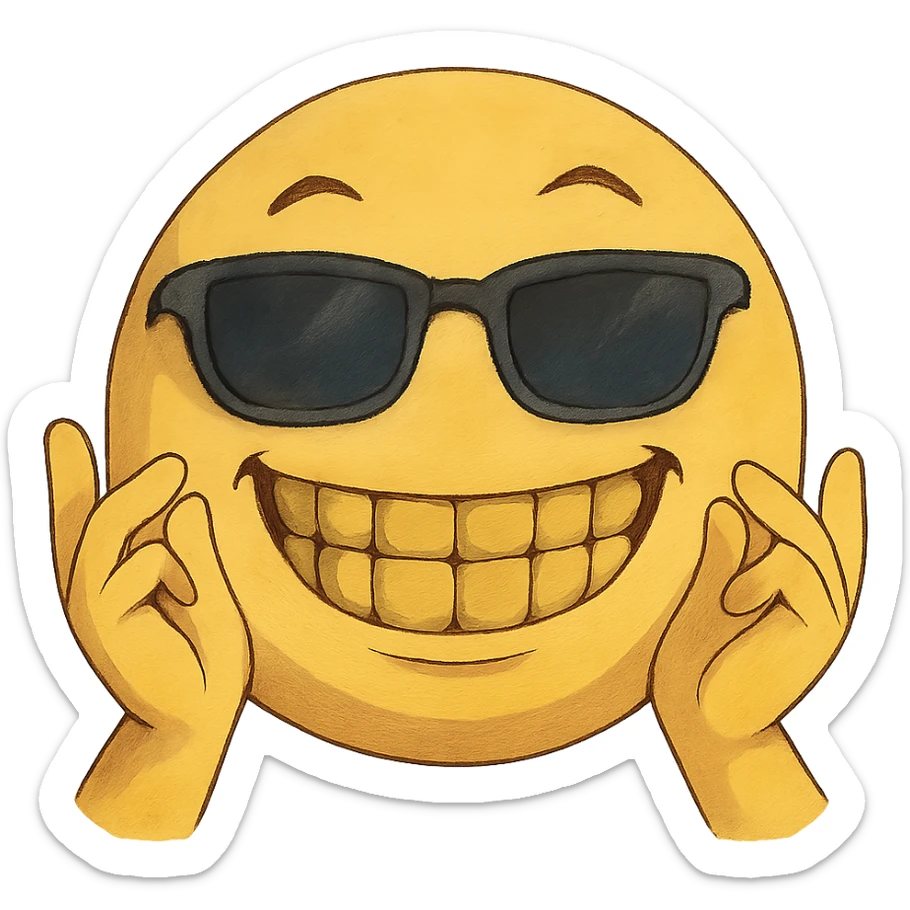 ghibli style yellow emoji with sunglasses, hands up, fingers rubbing together, huge smile, bright grills sticker