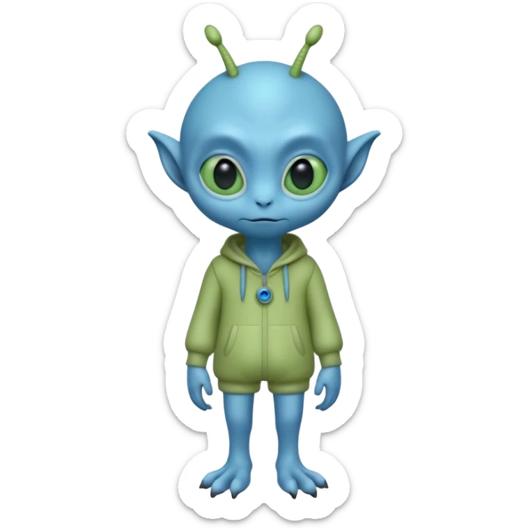full body cute roughly humanoid peacefull alien furry with 2 legs and eye stalks stands upright and looks intelligent ...wears clothing. not green..looks happy and cudly... has 3 eyes...the alien has 3 eyes....it has an extra eye on a stalk on top of head sticker